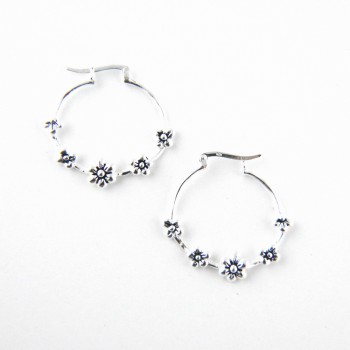 Sterling Silver EARRING HOOP WITH OXIDIZED FLOWERS ALONG THE LI-2S-7316EX
