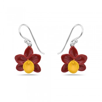Sterling Silver EARRING ORCHID RED AND YLELLOW ENAMEL DANGLE