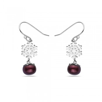 Sterling Silver EARRING DANGLING SNOWFLAKE ON TOP OF RED FRESHWATER PEAERL FI