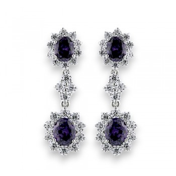 Brass Earring Dangle 2 Big Amethyst Cubic Zirconia