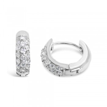 Brass Earring Huggie with Clear Cubic Zirconia-Rhodium Plating--