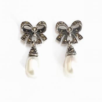 Marcasite EARRING DANGLE BOW WITH CAPPED FRESH WATER PEAR