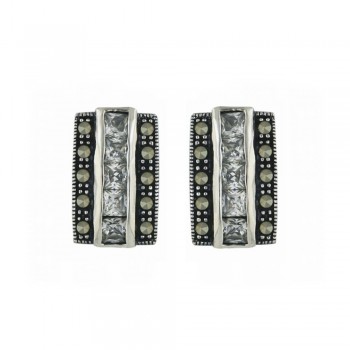 Marcasite Earring Clear Cubic Zirconia Square Column with Pave Marcasite Sides+Twisted O