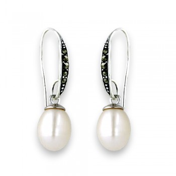 Marcasite Earring Marcasite Fish Wire with 8-9mm Fresh Water Pearl