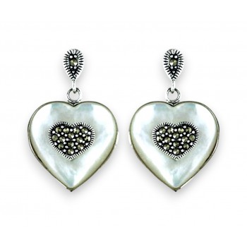 Marcasite Earring Heart Mother of Pearl with Marcasite Center and Bail