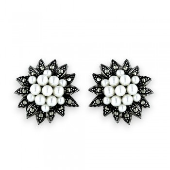 Marcasite Earring Marcasite Flower Multiple Pearl Center