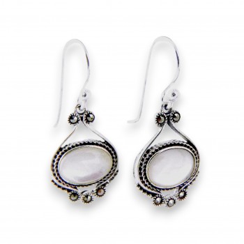 Marcasite EARRING DANGLE OVAL WHITE MOTHER OF PEARL  SIDE