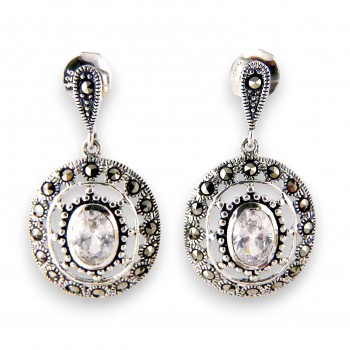 Marcasite EARRING DANGLE OVAL OVAL CLEAR Cubic Zirconia LAYERS  DOTS