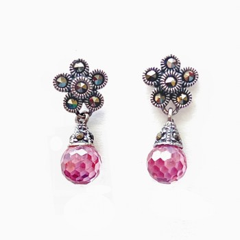 Marcasite Earring Flower Top +Dangling Round Pnk Cubic Zirconia