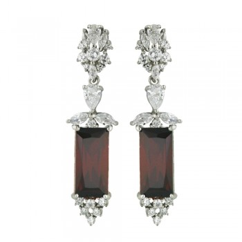 Sterling Silver Earring Rectangle Drop Cubic Zirconia Garnet