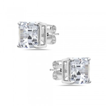Sterling Silver EARRING 9MM CLEAR CZ SQUARE EMERALD CUT STUD