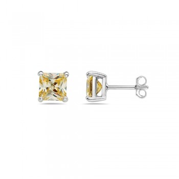 Sterling Silver Earring 5Mmx5Mm Square Canary Yellw Cubic Zirconia Stud