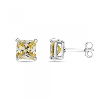 Sterling Silver Earring Canary Yellow Cubic Zirconia Square Princess Cut 7M