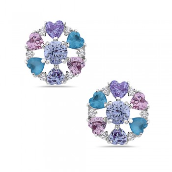 Sterling Silver Earring 6mm Round Lv Cubic Zirconia Ctr with Pink+Lv Cubic Zirconia+Aqua Marine Glass H