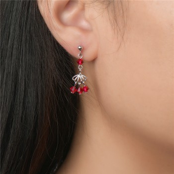 Sterling Silver Earring Open Fan with Ruby Crystal Bead Dangle