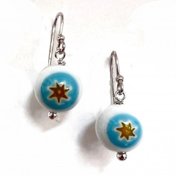 Sterling Silver Earg White/Aq/Grn Cane Bead Ball W/ French Wire