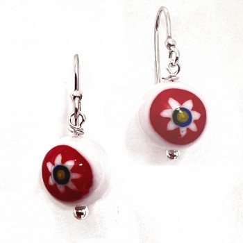 Sterling Silver Earg White/Red/Grn Cane Bead Ball W/ French Wire