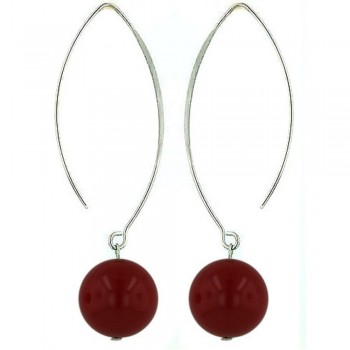 Sterling Silver EARRING LONG ALMOND HOOK W/ 14MM RED CORAL BALL