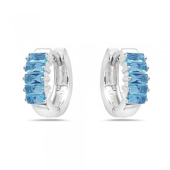 Sterling Silver EARRING HUGGIE AQUA BLUE GLASS BAGUETTE HUGGIES
