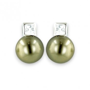 Sterling Silver Earring 4X4mm Square Bezel Clear Cubic Zirconia + 10mm Olivine Faux