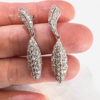 Sterling Silver Earring Pave Clear Cubic Zirconia Wavy Top+Puff Marquis Drop