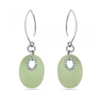 Sterling Silver EARRING 24X18MM NATURAL GREEN JADE OVAL W/CLEAR Cubic Zirconia ALMOND HOOK-2S-4714JCL-2