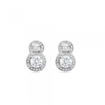 Sterling Silver Earring Double 5+3mm Micropave Round Clear Cubic Zirconia with Rhodium Plating P