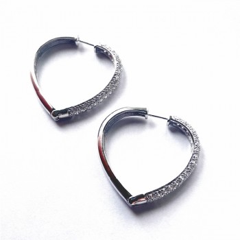 Sterling Silver Earring 38mm Clear Cubic Zirconia+Silver Open Heart Latch Hoop--