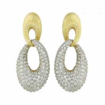 Sterling Silver Earring Gold Plate Matt Texture+Clear Cubic Zirconia Twisted Ova
