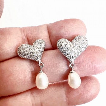 Sterling Silver Earring Pave Clear Cubic Zirconia Heart+White Fresh Water Pearl