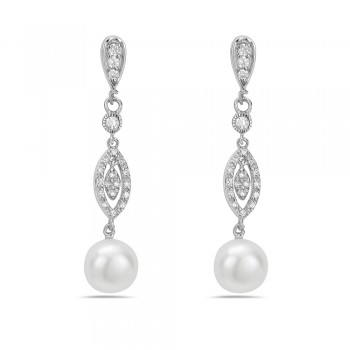 Sterling Silver EARRING 9MM WHITE FWP+CLEAR CZ OPEN MARQUIS TOP WITH TEARDROP POST