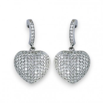 Sterling Silver Earring 13X13mm Micropave Clear Cubic Zirconia Puff Heart Dang