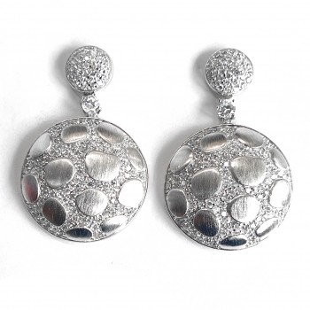 Sterling Silver Earring L=45mm Clear Cubic Zirconia Round+Satin Finish Rhodium Plating Plat