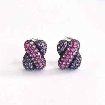 Sterling Silver Earring Bold Criss Cross Fushsia Corundum+Ame Cubic Zirconia (B