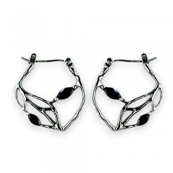 Sterling Silver Earring 20-20mm Round Latch with Black Cubic Zirconia Rutenia Platin