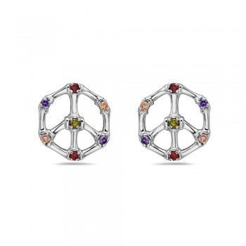 Sterling Silver Stud Earring of Peace Sign and Multicolor Color Cubic Zirconia