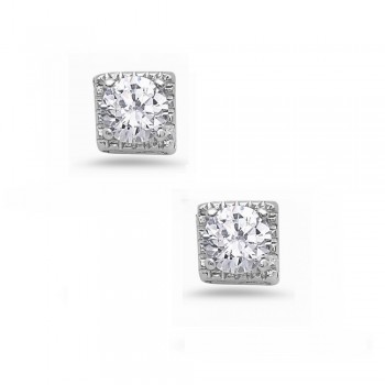 Sterling Silver Earring Square Stud with Clear Cubic Zirconia
