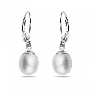 Sterling Silver Earring White Fresh Water Pearl Capped +Lever Back