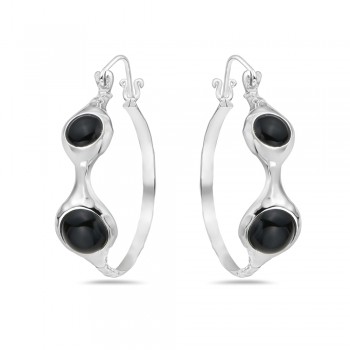 Sterling Silver Earring Hoop Hammered with 2 Round Onyx -Ecoated-