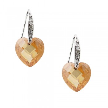 Sterling Silver Earring 13mm Champagne Cubic Zirconia Chess Cut Heart Shape Stone with C