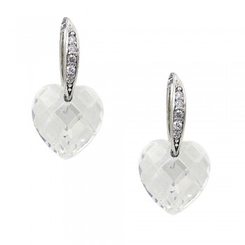 Sterling Silver Earring 13mm Clear Cubic Zirconia Chess Cut Heart Shape Stone with C