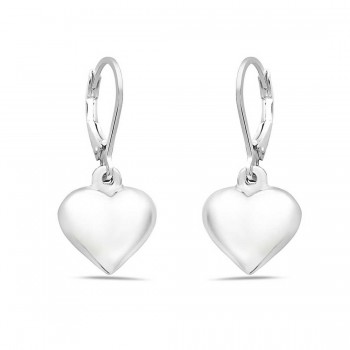 Sterling Silver Earring Solid Puff Heart Dangle Lever Back E-Coat
