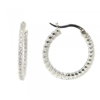 Sterling Silver EARRING 6MM IN & OUT CLEAR CZ HOOP -LATCH