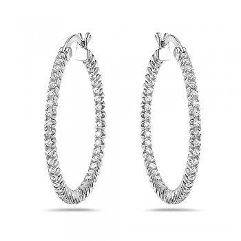 Sterling Silver EARRING 6MMX40 M IN & OUT CLEAR CZ HOOP -LATCH