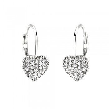 Sterling Silver Earring Puffy Heart Pave Lever Back