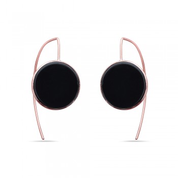 Sterling Silver EARRING ALMOND HOOK DROP OF ROUND ONYX ROSE GOLD
