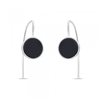 Sterling Silver EARRING ALMOND HOOK DROP OF ROUND ONYX