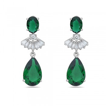 Sterling Silver EARRING DANGLE OVAL TOP, TEAR DROP EMERALD GRE