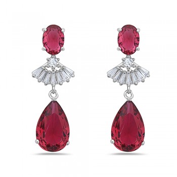 Sterling Silver EARRING DANGLE OVAL TOP, TEAR DROP RUBY RED GL
