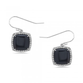 Sterling Silver EARRING ONYX CUSION CABACHON CLEAR CZ AROU